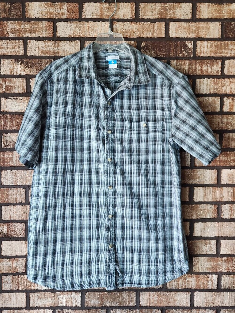 Columbia Men's Short Sleeve Button Down Shirt Green Gray Plaid Size XL